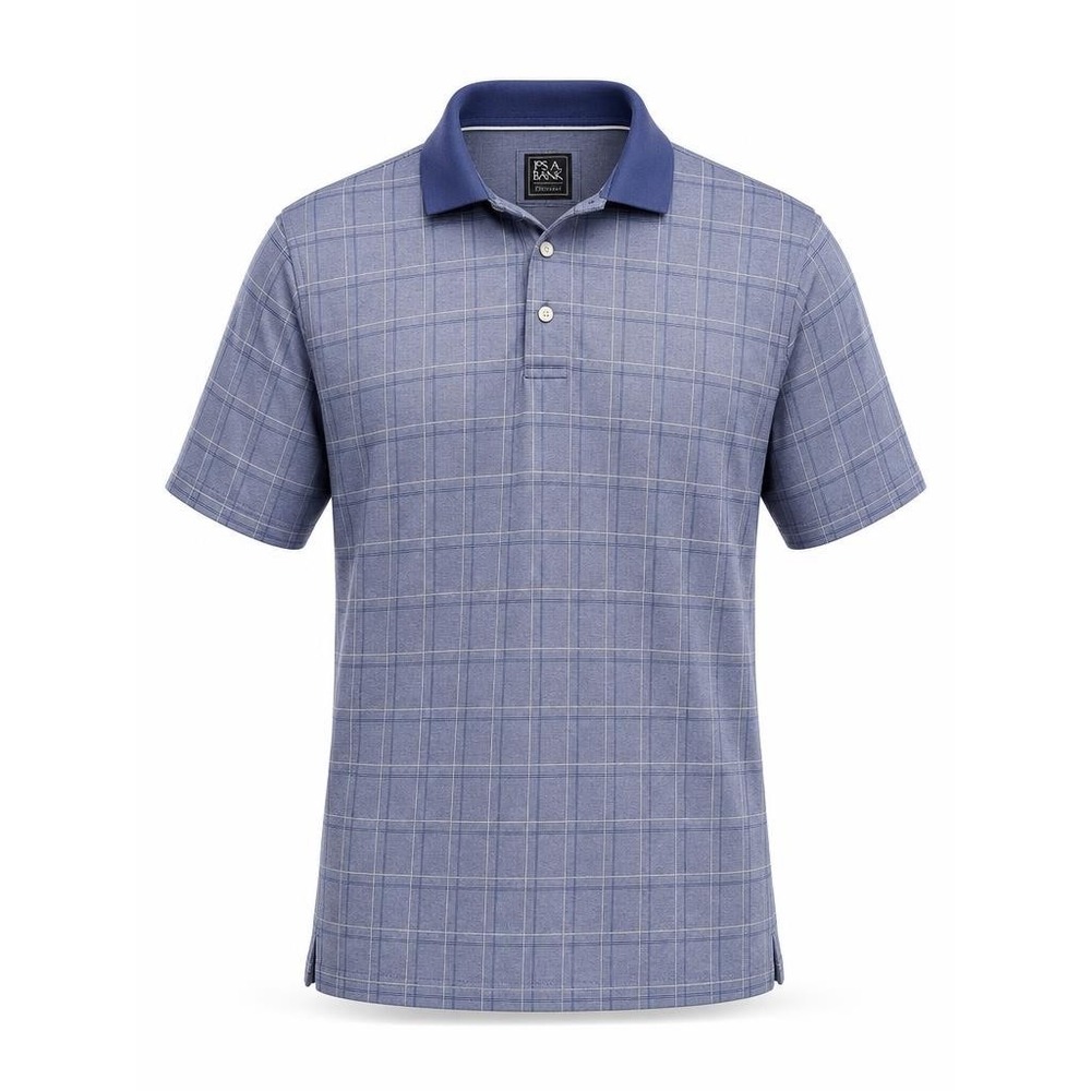 Jos A Bank Traveler Polo Shirt Mens Medium Blue Windowpane Check Short Sleeve